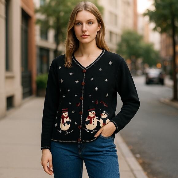 Vintage Paul Harris Let It Snow Cardigan L | 90s Snowman Ugly Christmas Sweater - Picture 16 of 16